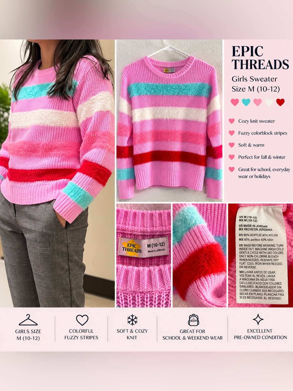 Epic Threads Girls M 10-12 Pink Fuzzy Striped Sweater Colorblock